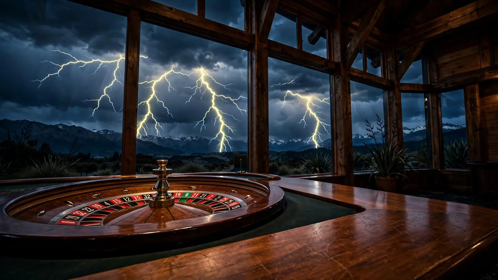 Roulette wheel under lightning bolts with New Zealand mountains in the background