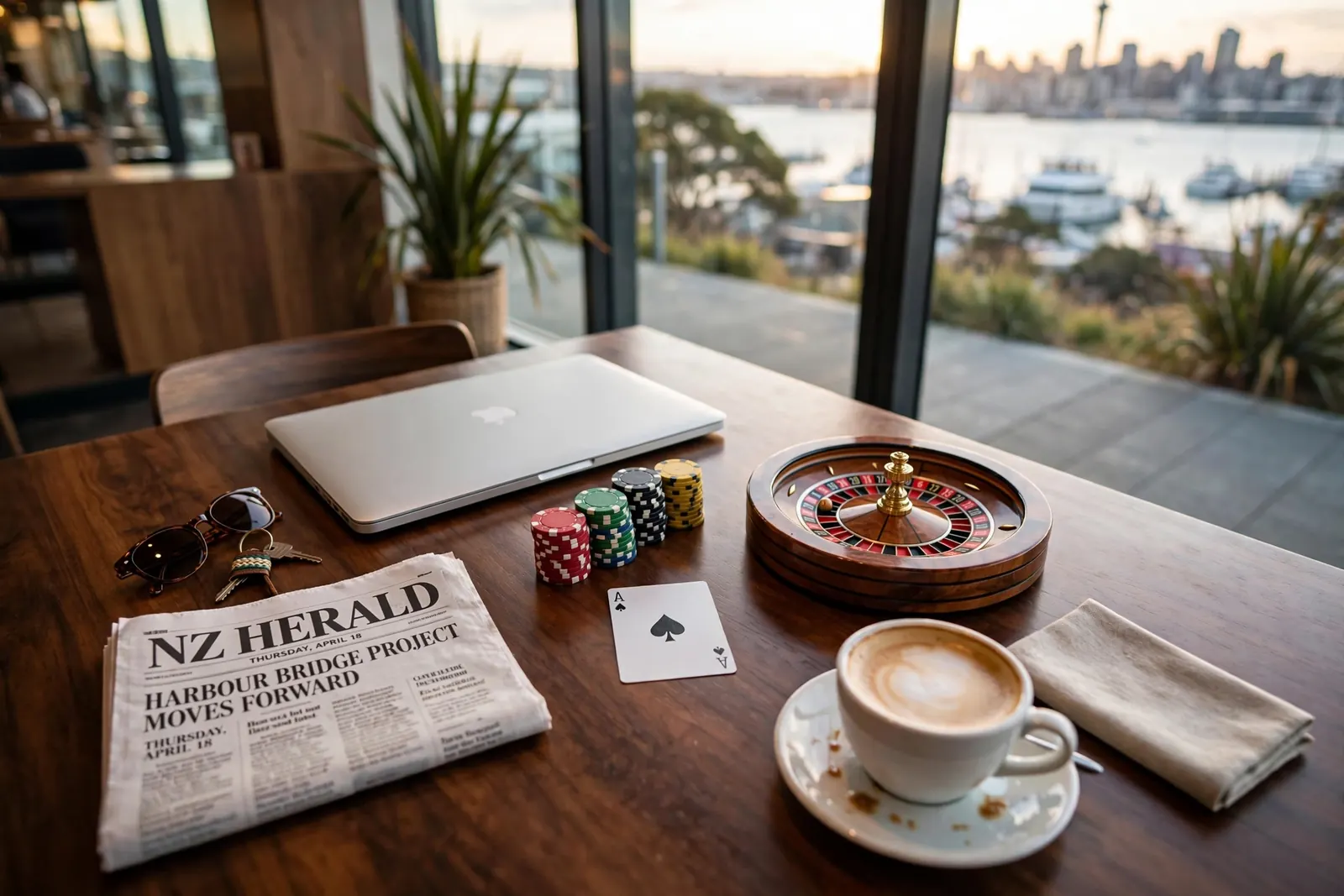 Casino chips, roulette wheel and a closed laptop on a café table overlooking Auckland harbour