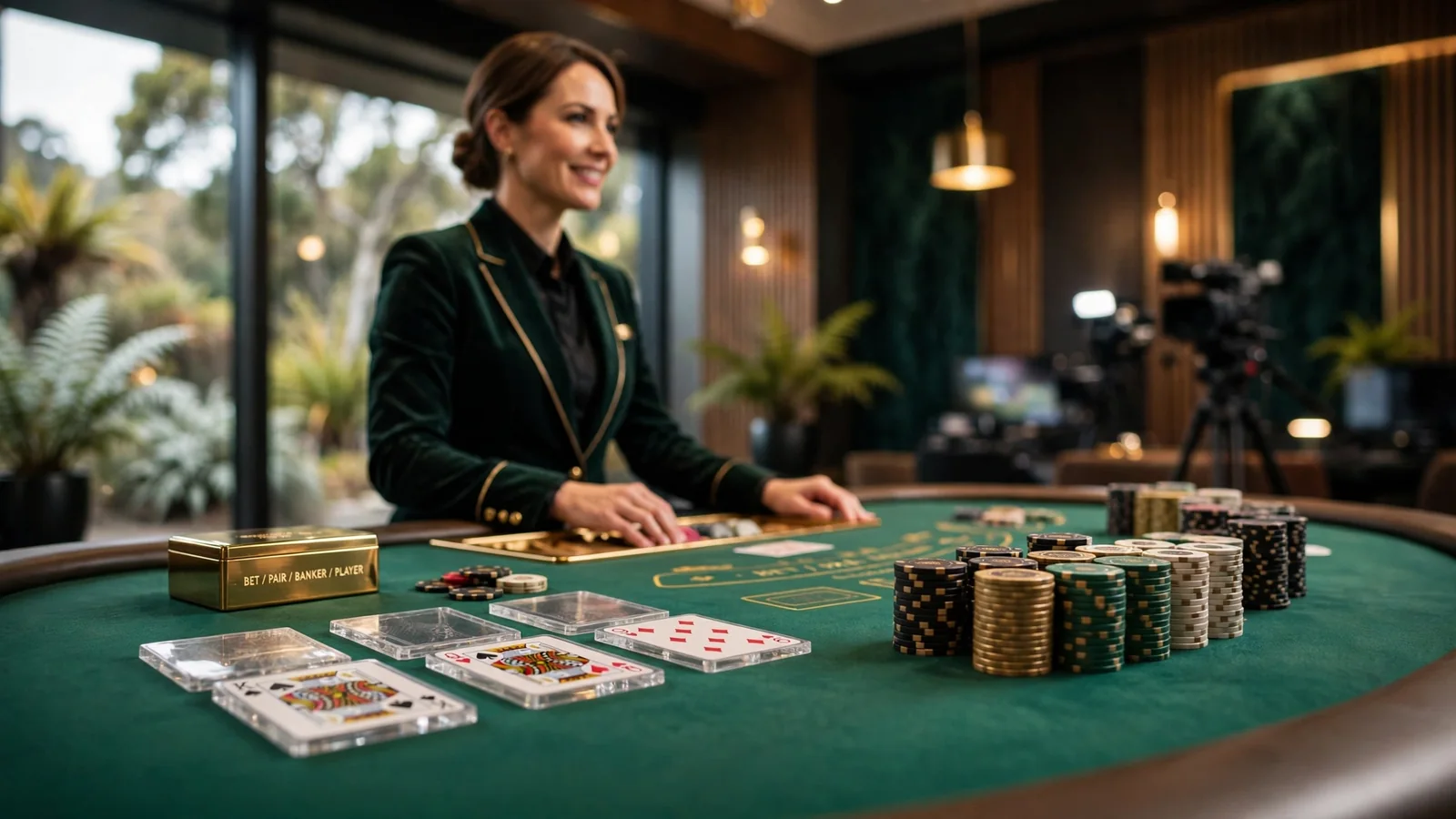 Live baccarat table in a New Zealand casino studio with dealer