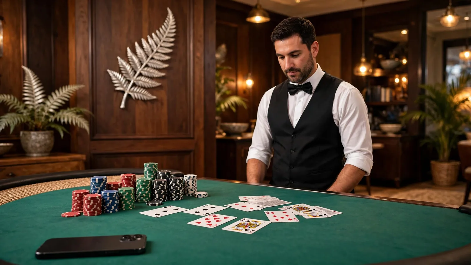 Professional dealer at a live blackjack table in a New Zealand-styled studio with cards and chips.