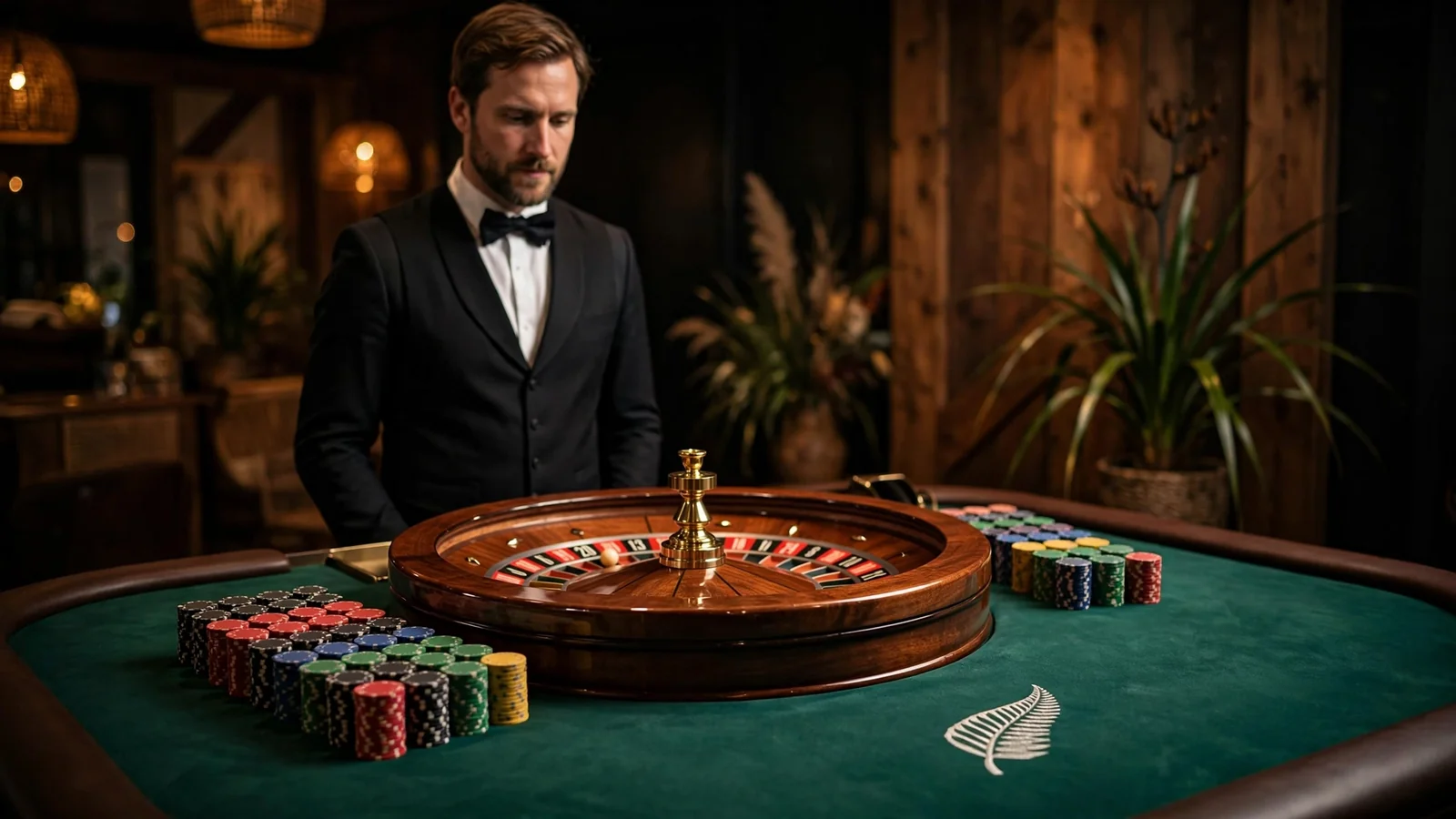 Elegant live dealer roulette studio with croupier and chips, New Zealand context