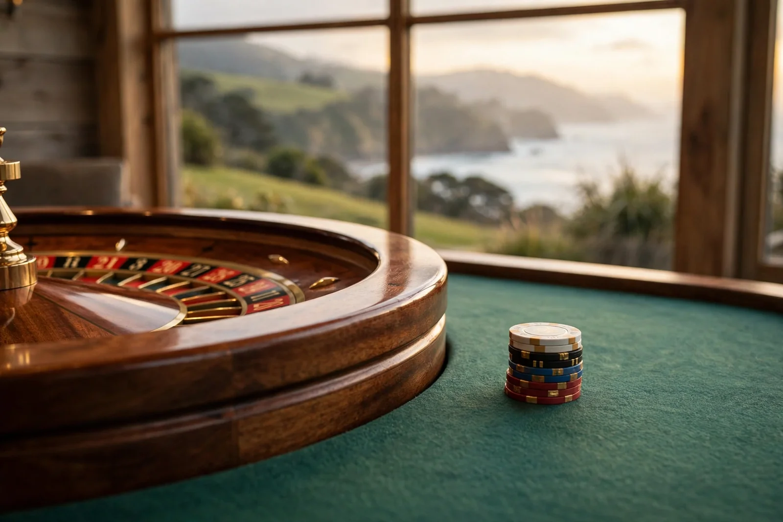 Roulette wheel and chips on a table with a New Zealand coastal view