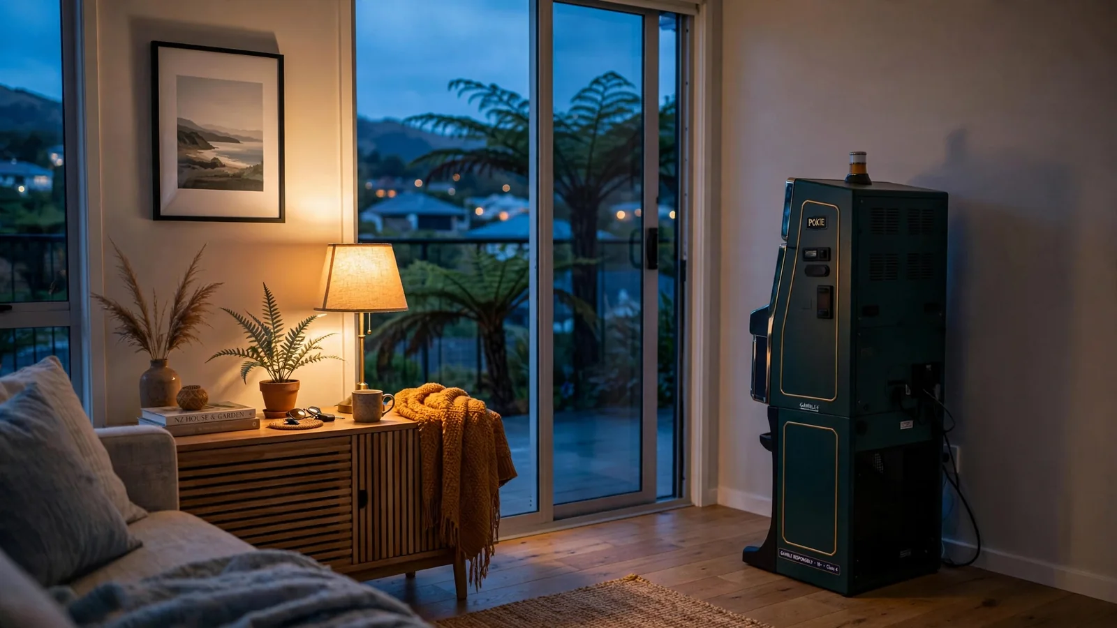 Slot machine in a cozy New Zealand home interior at evening