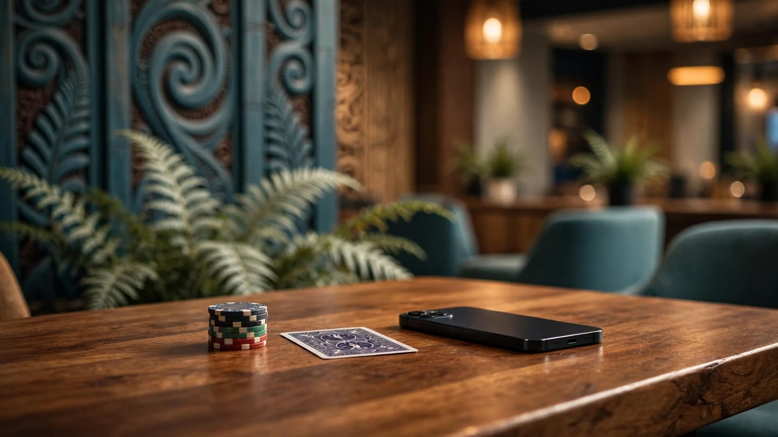New Zealand casino lounge with chips, a card and a phone on a wooden table.