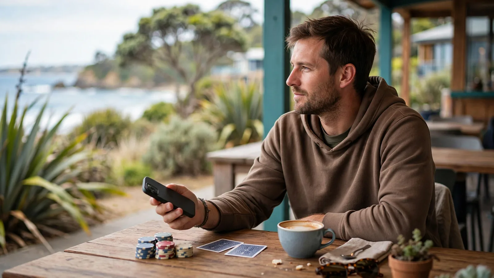 Person holding a smartphone at a New Zealand café with chips and cards nearby