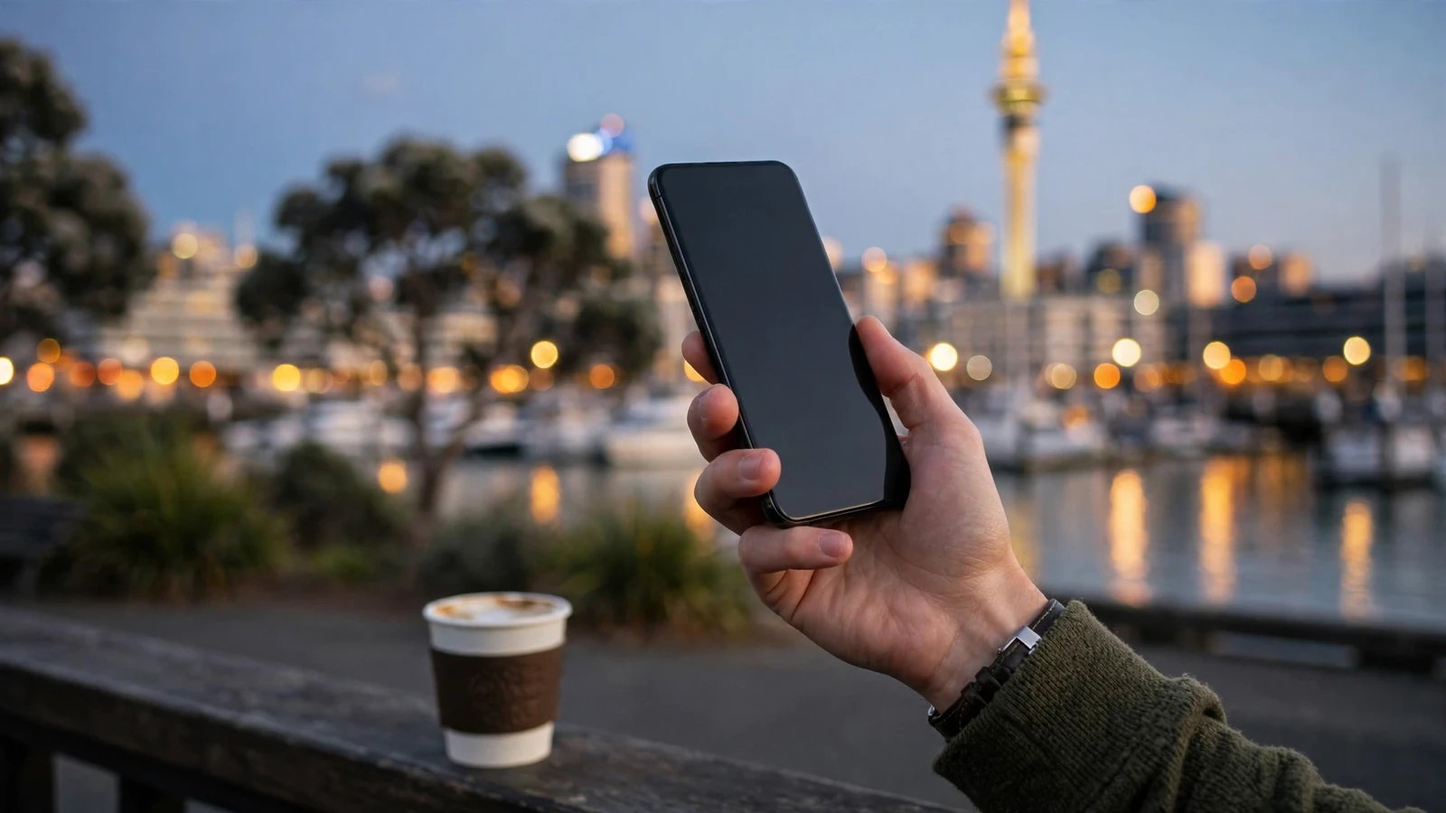 Hand holding a smartphone at dusk in Auckland with the Sky Tower blurred behind