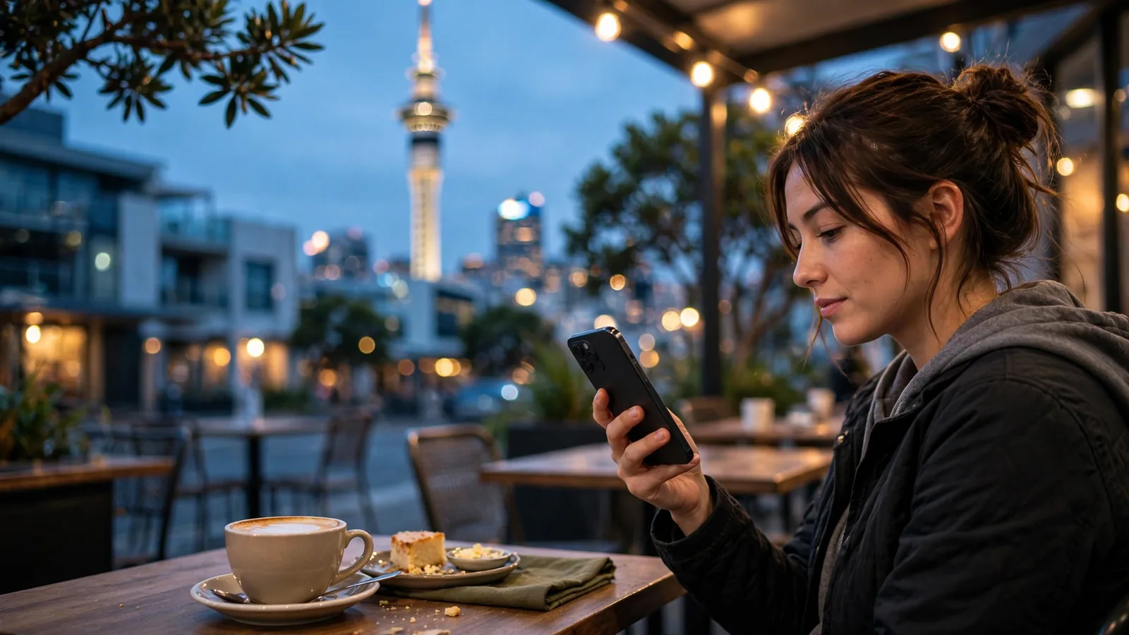 Person holding a smartphone in an Auckland evening cafe setting