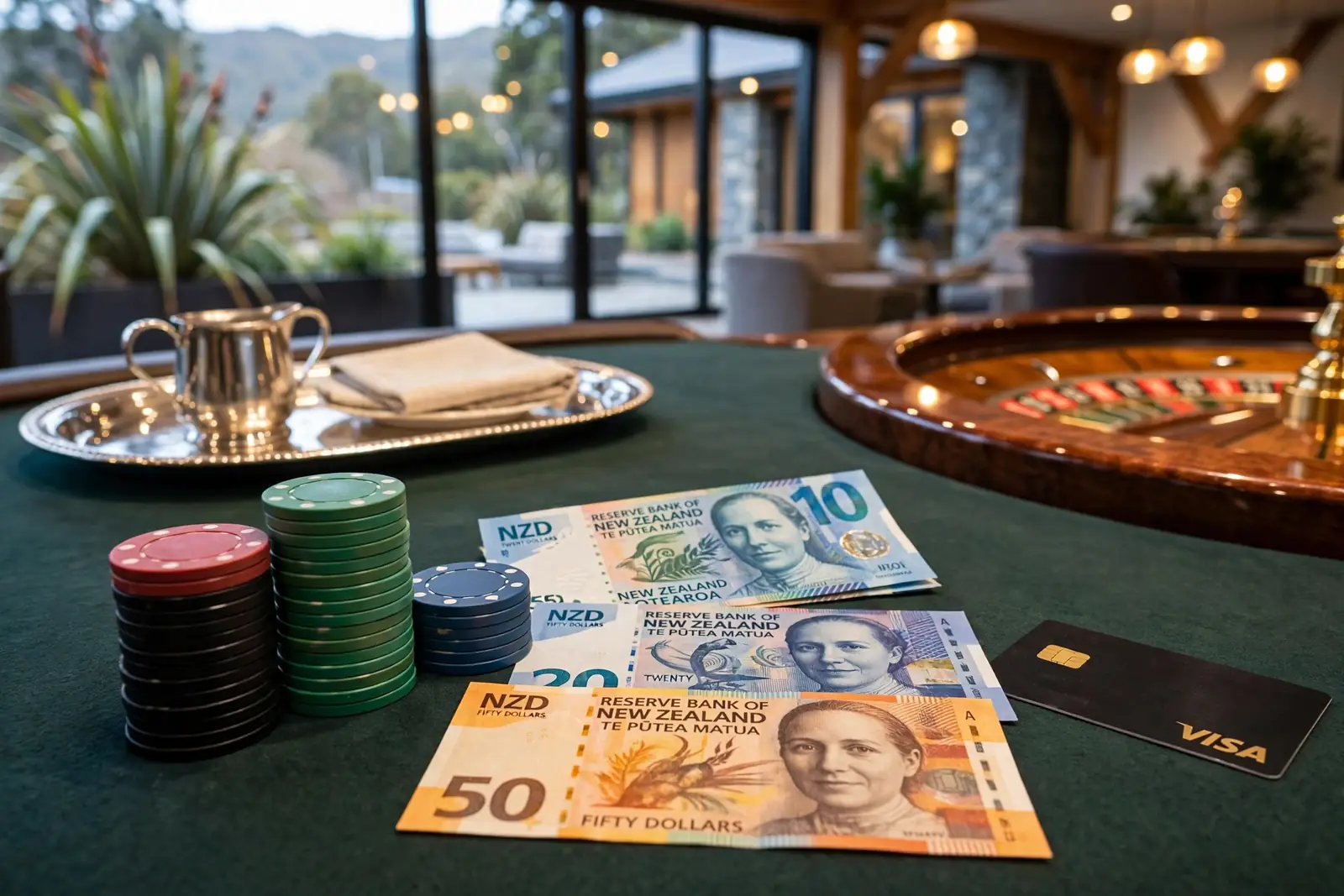 Casino table with poker chips, NZD banknotes and a credit card.