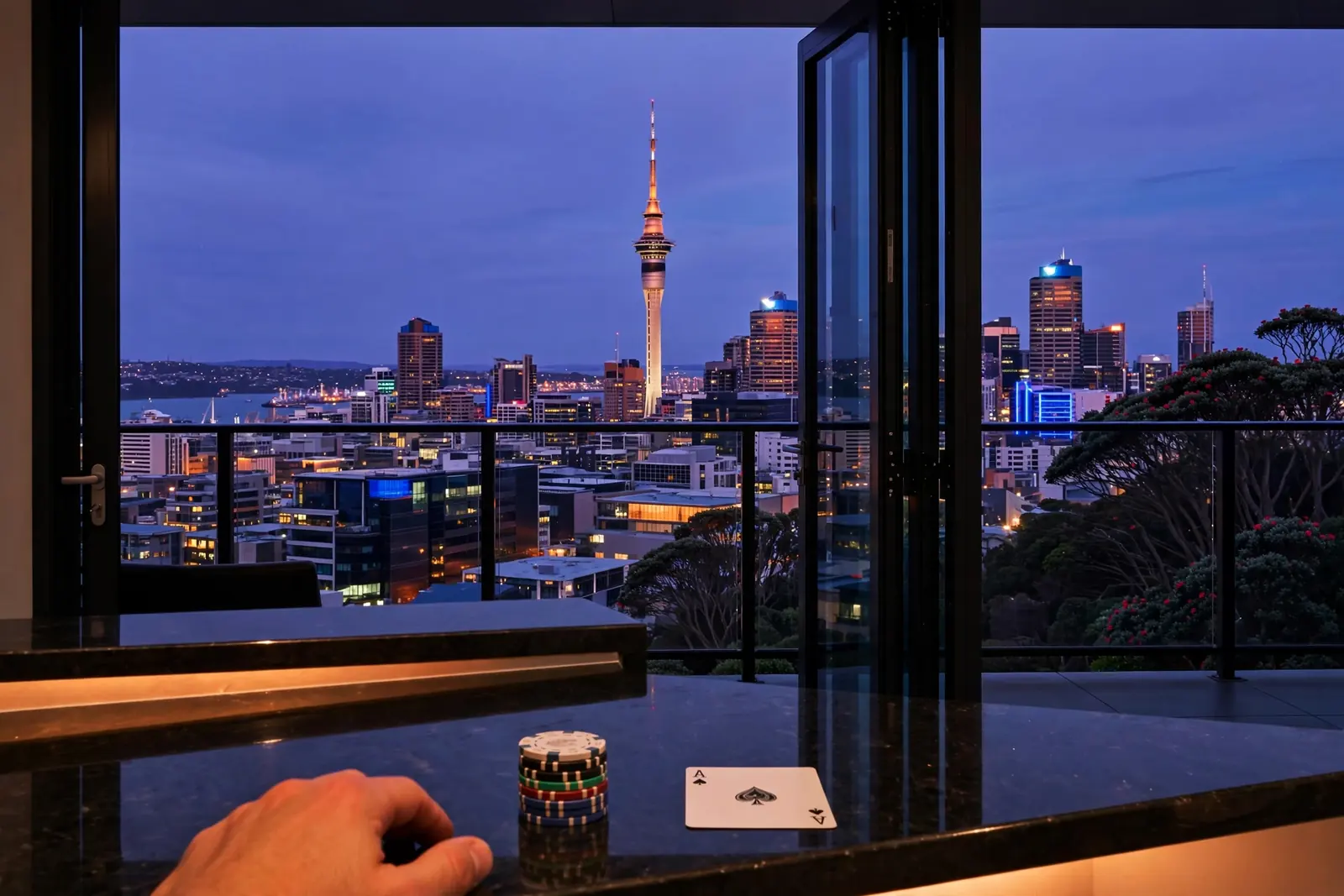 Auckland Sky Tower at dusk seen through a balcony doorway with casino chips on a counter