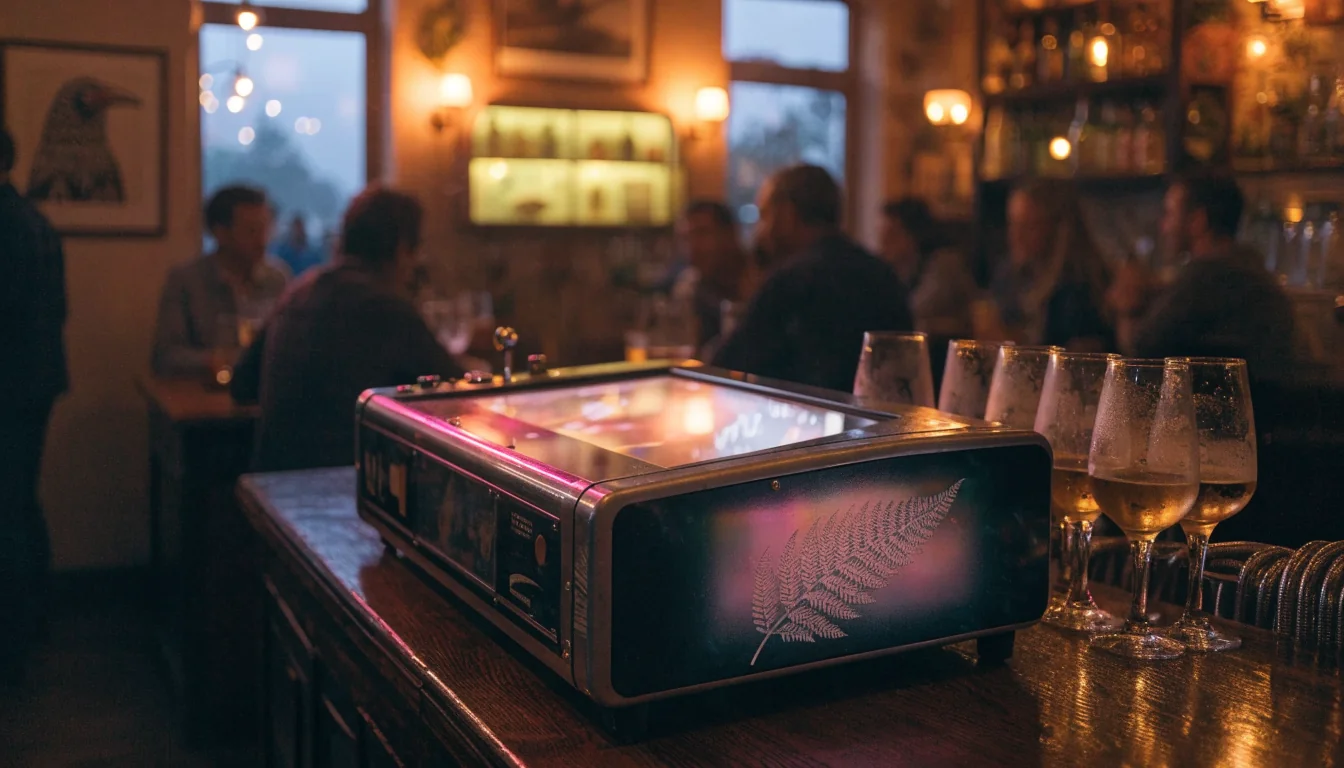 Glowing slot machine in a New Zealand pub at dusk