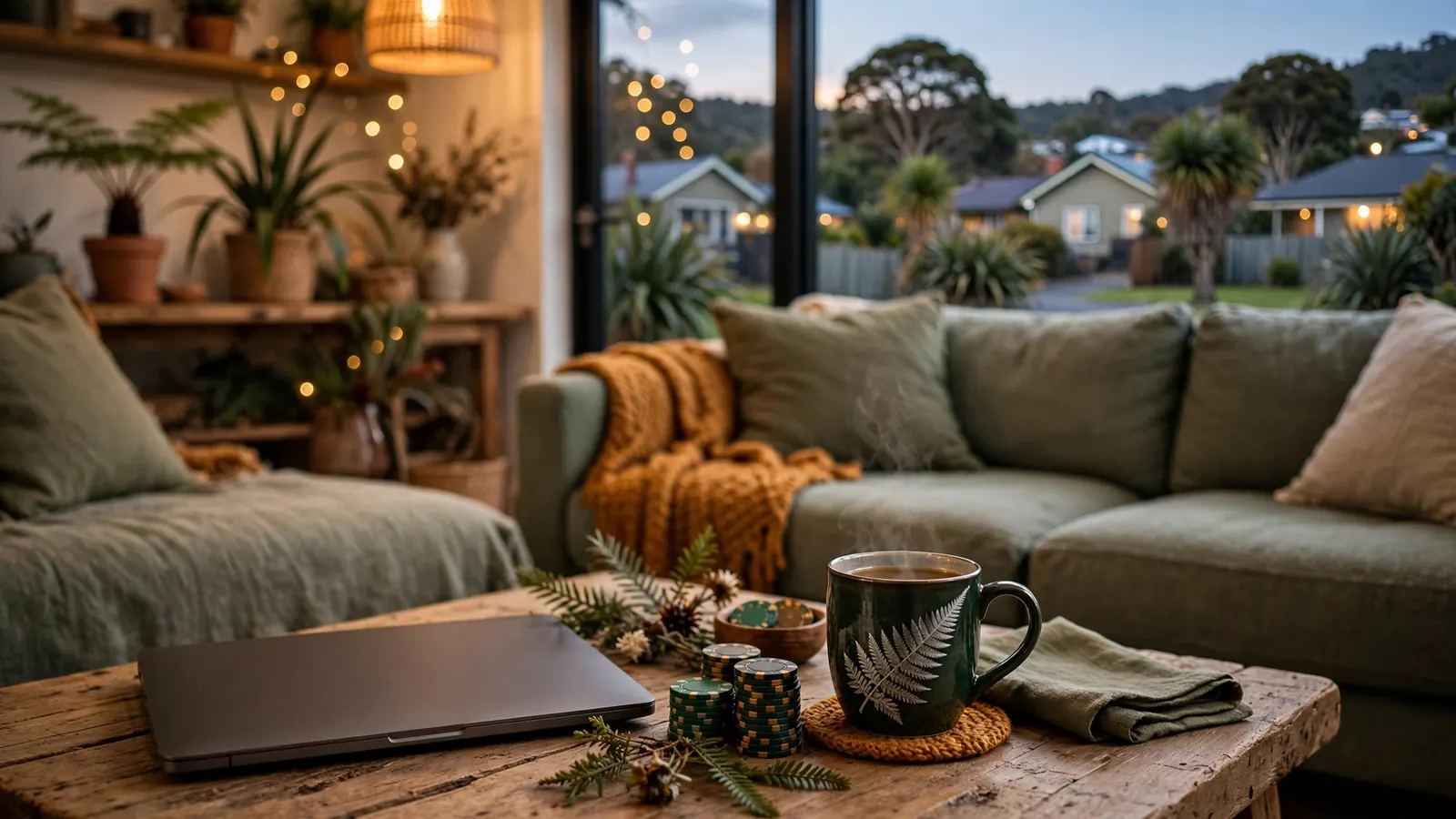 Cozy New Zealand living room scene with closed laptop and casino chips on table