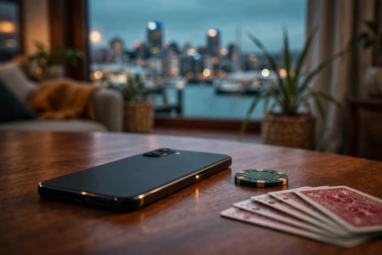 Smartphone face-down on a table in a New Zealand apartment with casino chip and cards nearby
