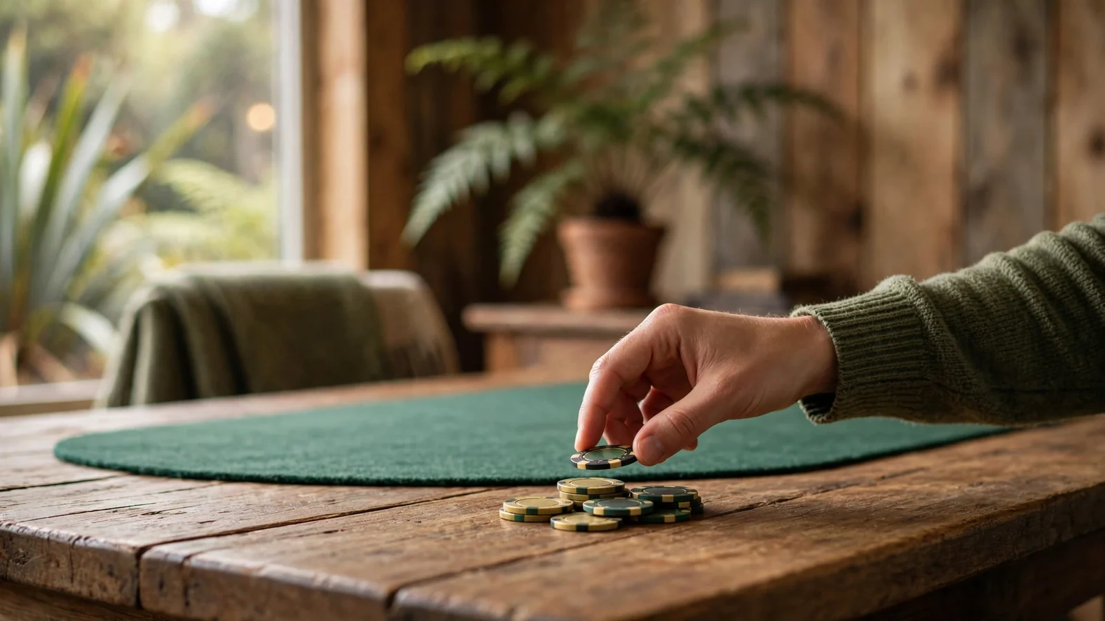 Hand placing a casino chip on a wooden table with a small stack nearby in New Zealand interior.