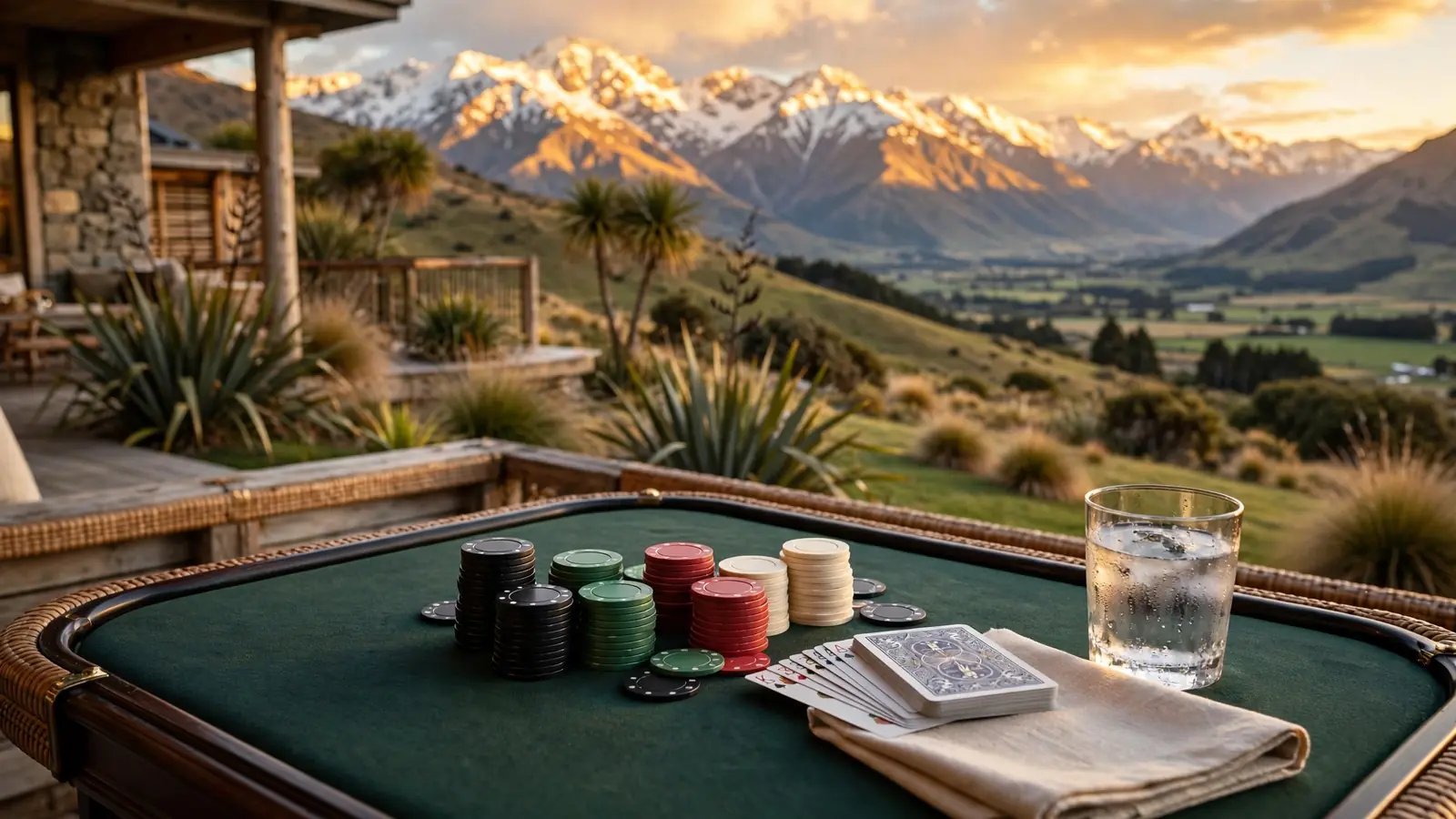 Elegant baccarat table with chips and cards overlooking New Zealand mountains at sunset.