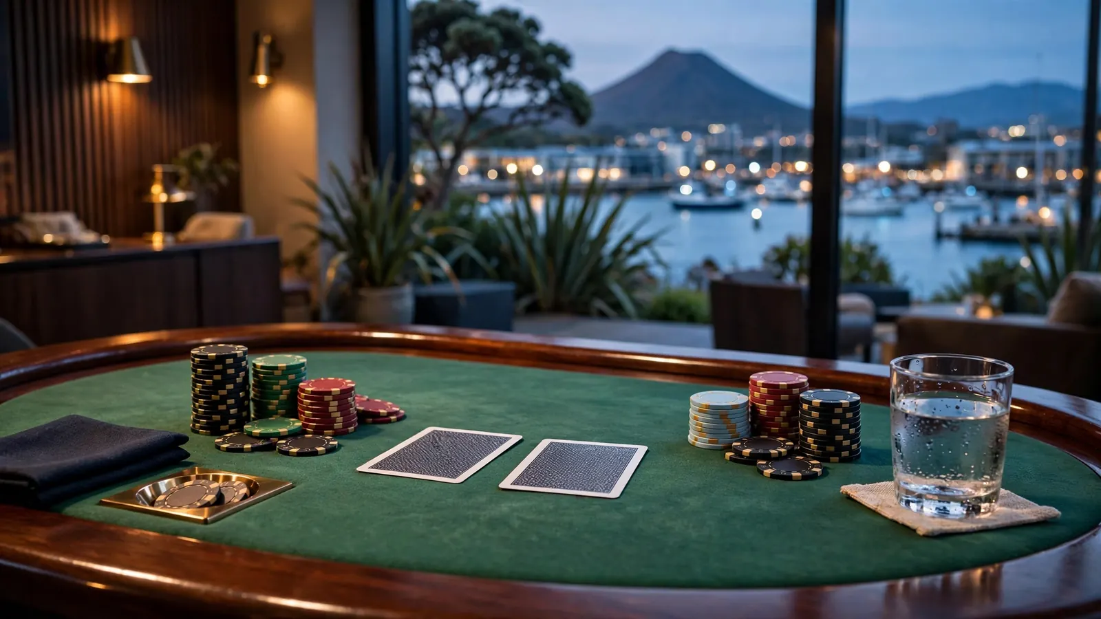 Blackjack table with chips and cards, New Zealand harbour skyline at dusk