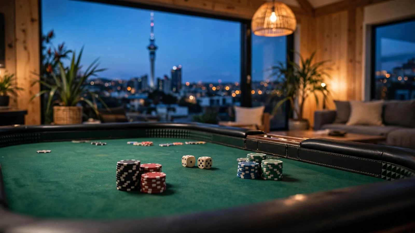 Craps table with chips and dice near a window overlooking Auckland skyline at dusk