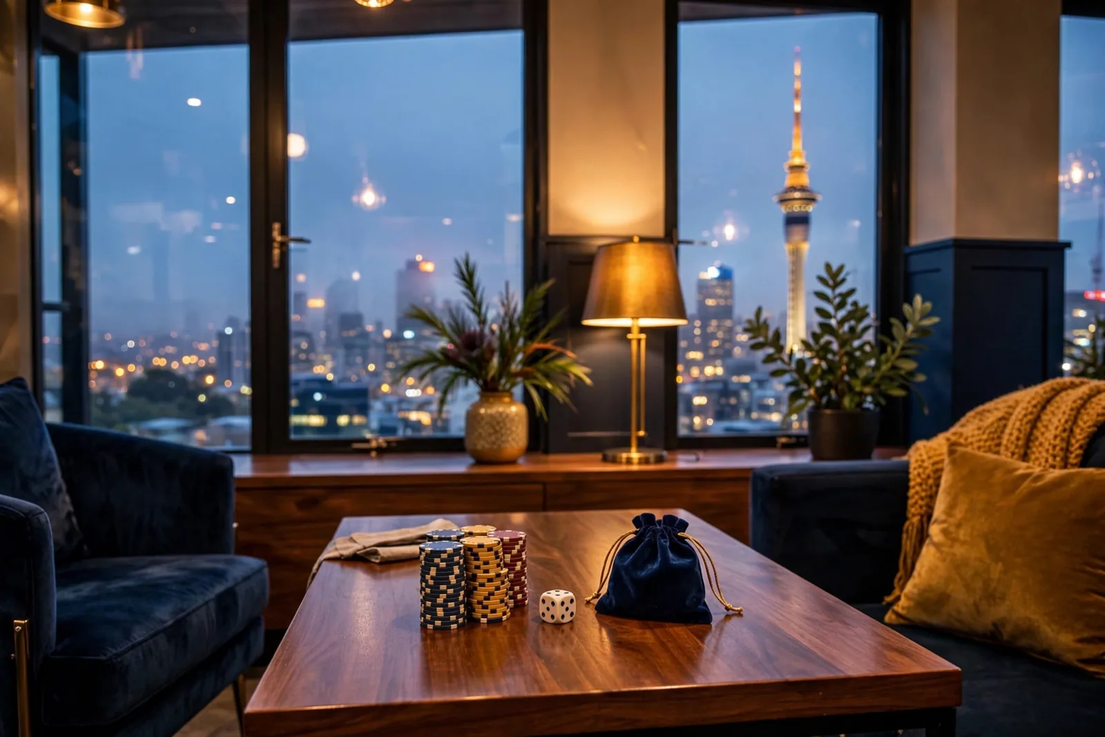 Casino chips on a coffee table with Auckland skyline at dusk