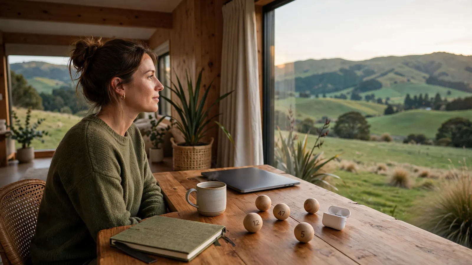 Cozy New Zealand home office with keno balls and closed laptop