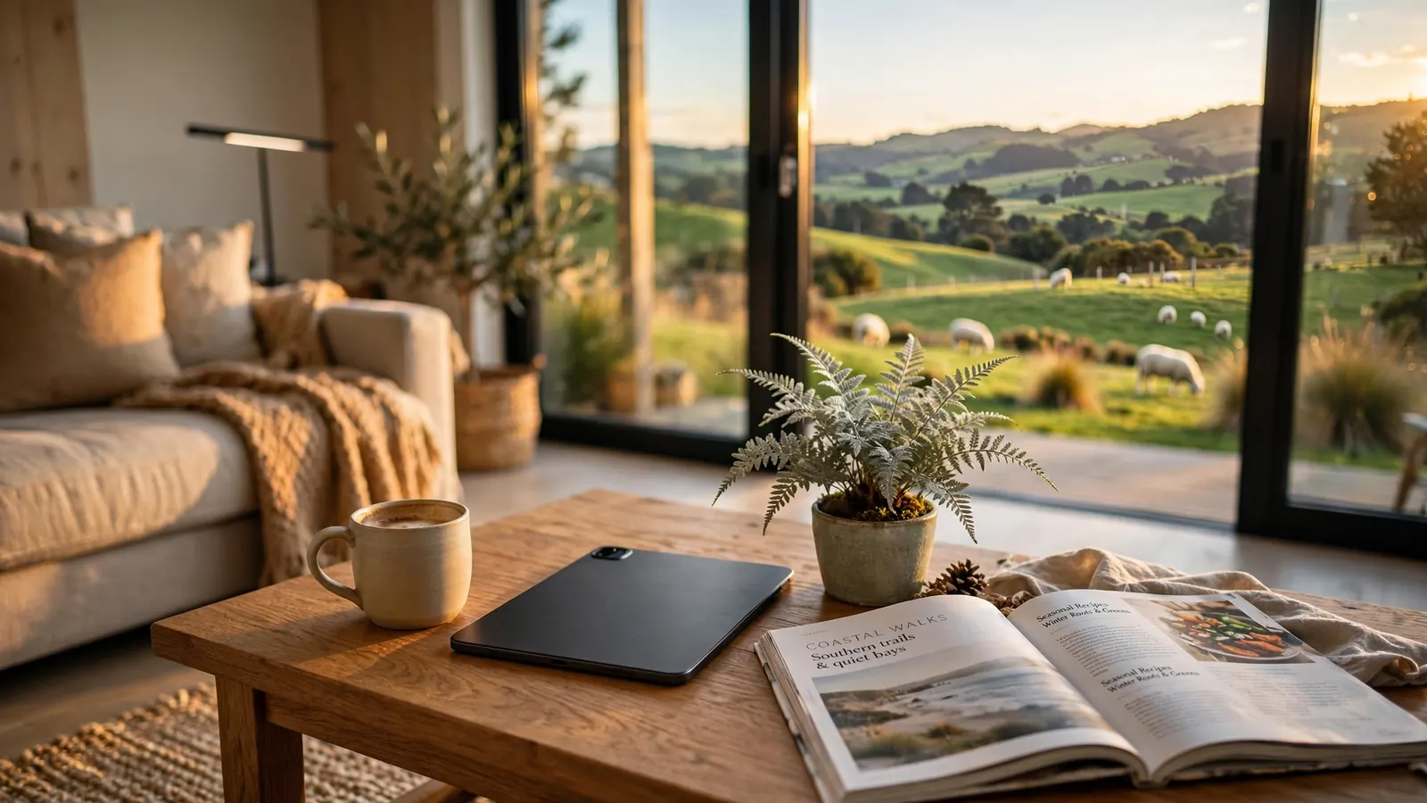 Tablet on a coffee table in a New Zealand home with rolling green hills visible through the window.
