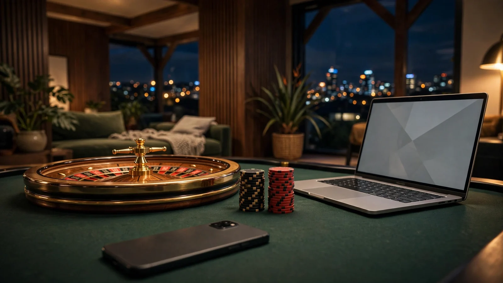 Roulette wheel with chips and a smartphone on a table with Auckland skyline in background