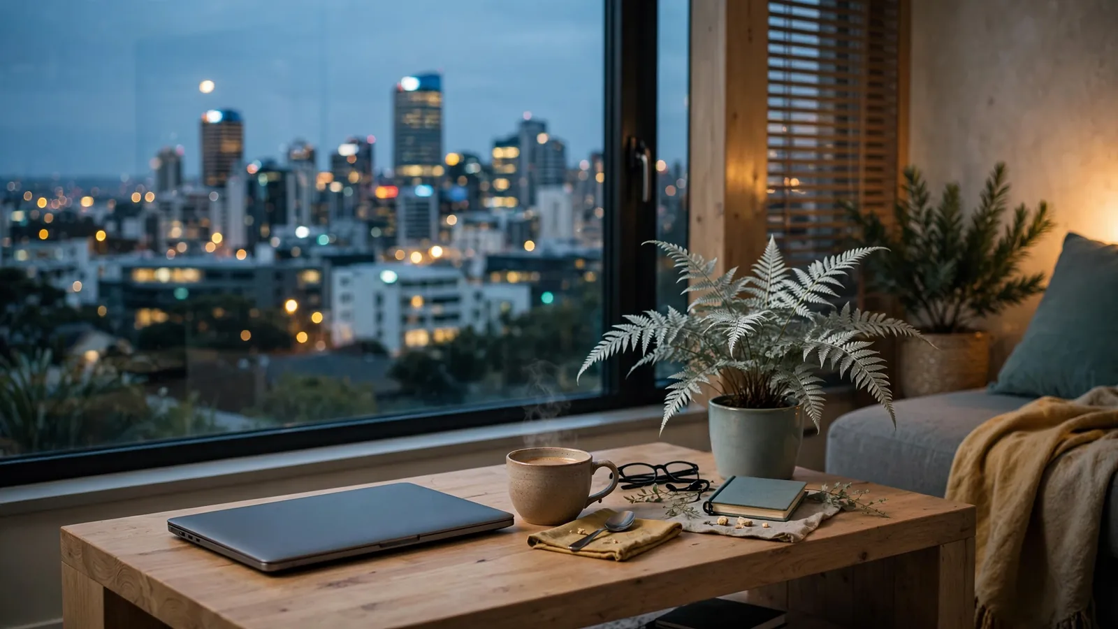 New Zealand living room with closed laptop at dusk