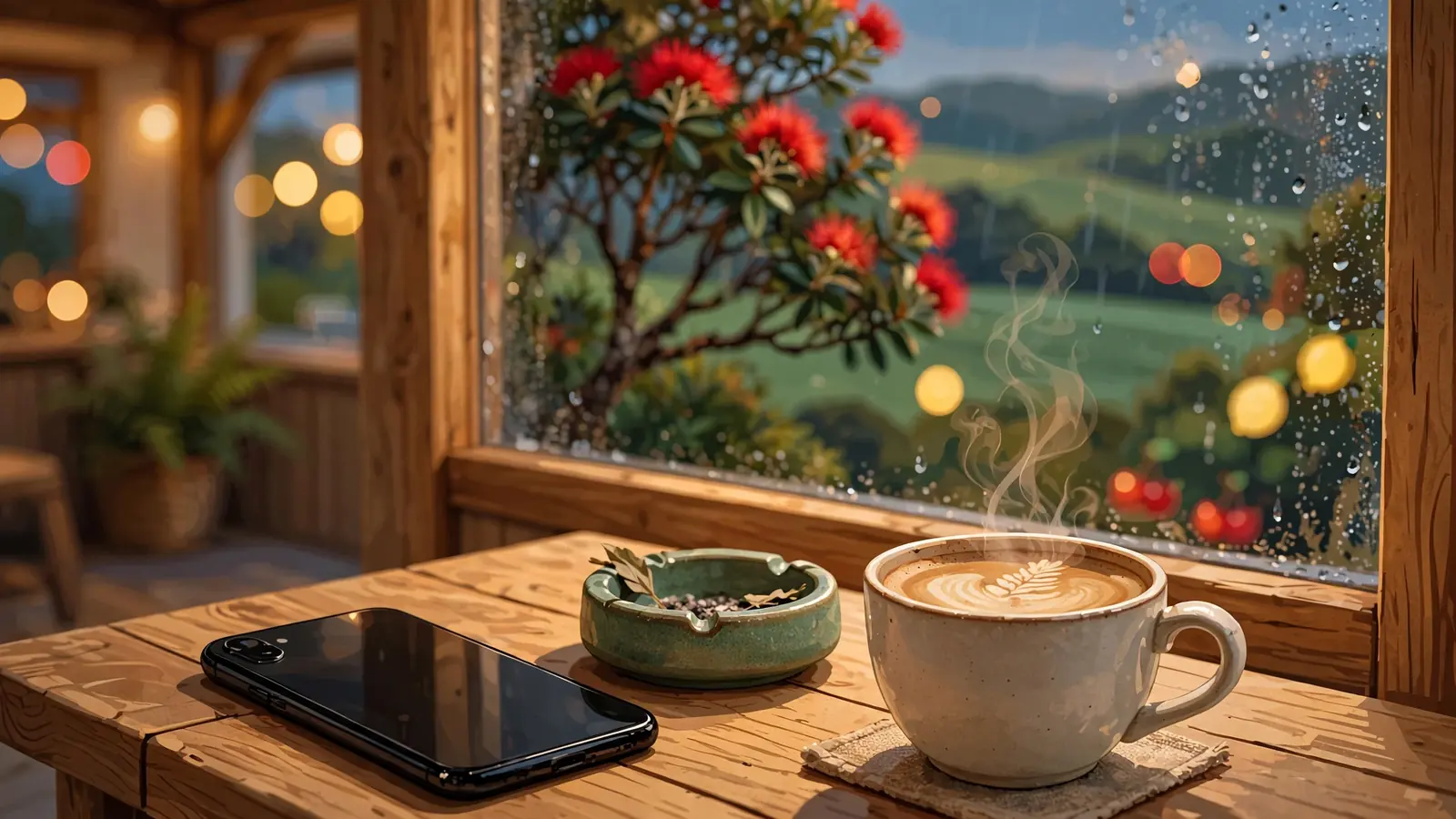 Smartphone on a café table with New Zealand landscape through window and colorful slot-themed lights