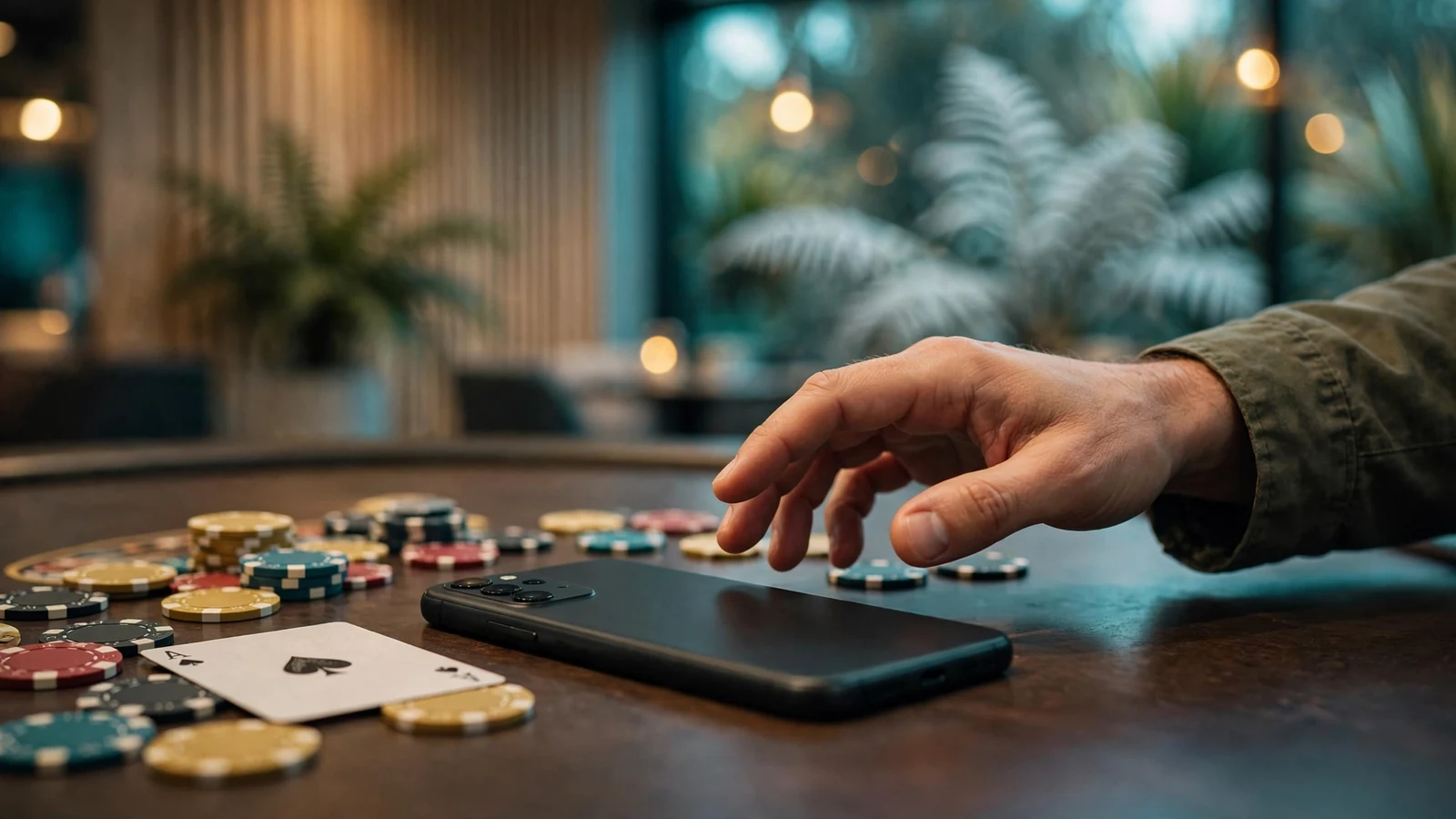 Smartphone on a casino table with chips, suggesting pay-by-phone payment method
