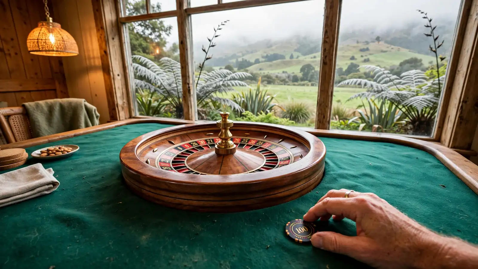 Roulette wheel on a green table with a New Zealand landscape visible through a window