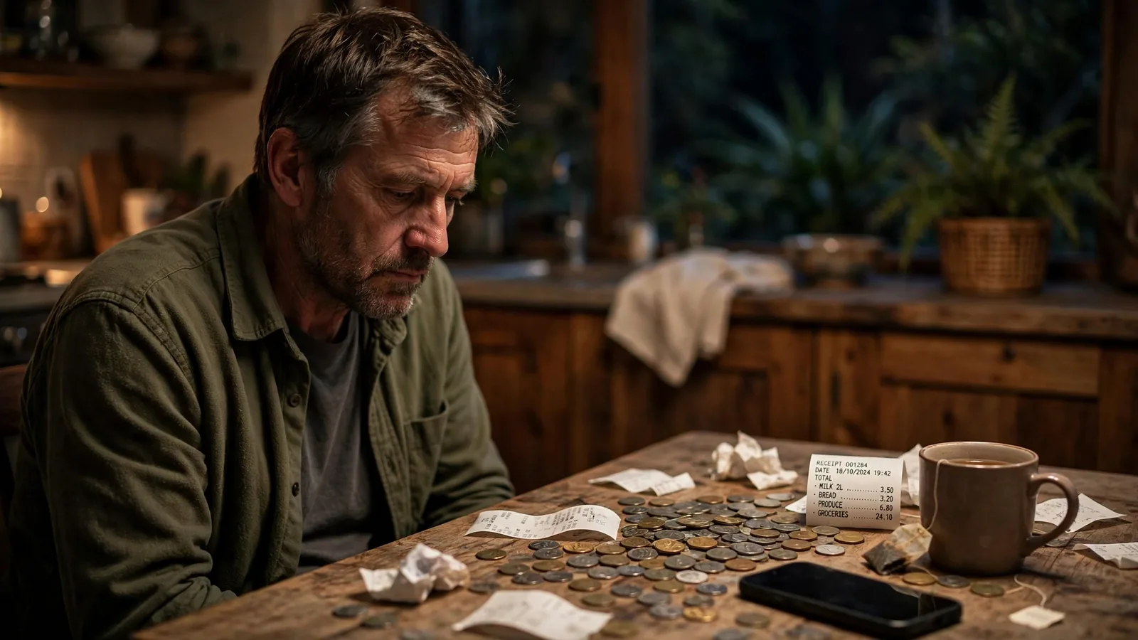 Man alone at kitchen table reflecting on gambling losses at night