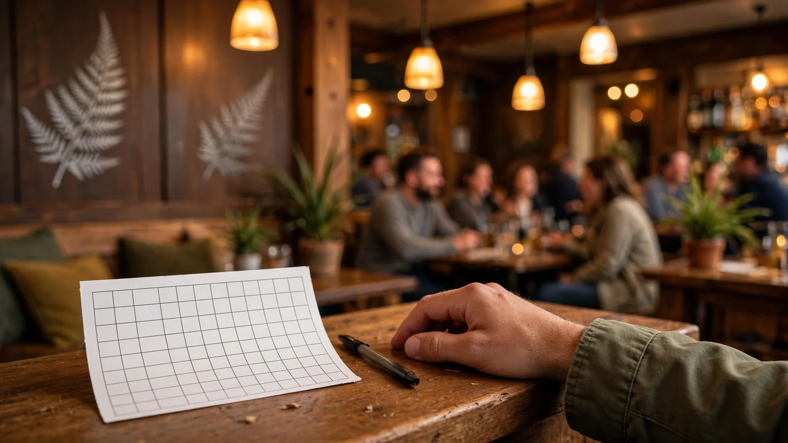 Hand near a blank Keno ticket on a wooden pub counter in New Zealand