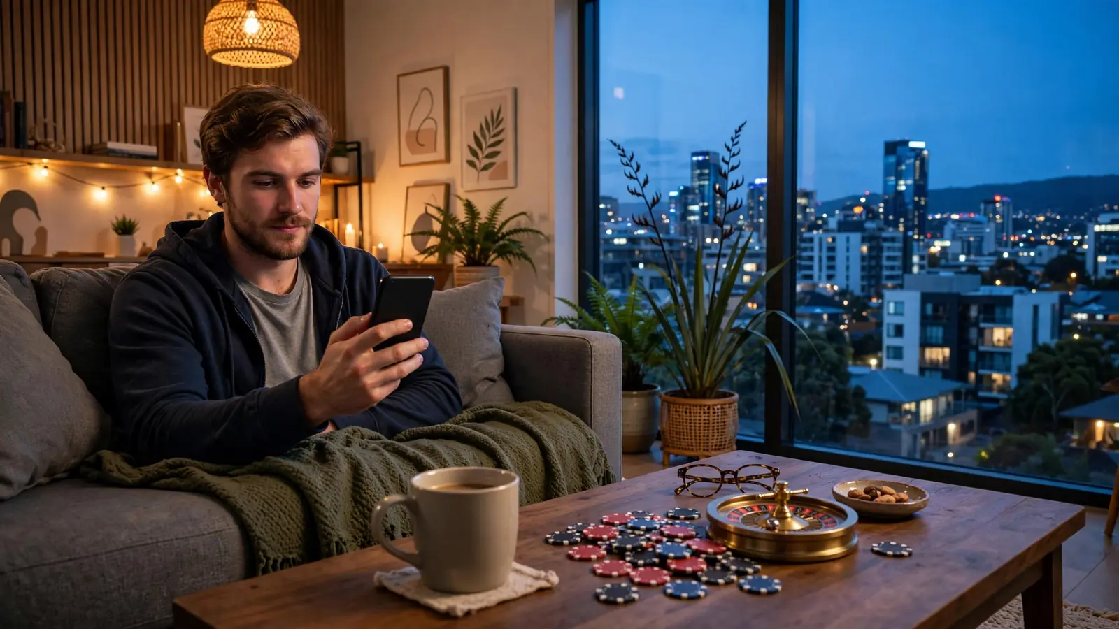 Player holding a smartphone with casino chips on a table in a New Zealand apartment at twilight