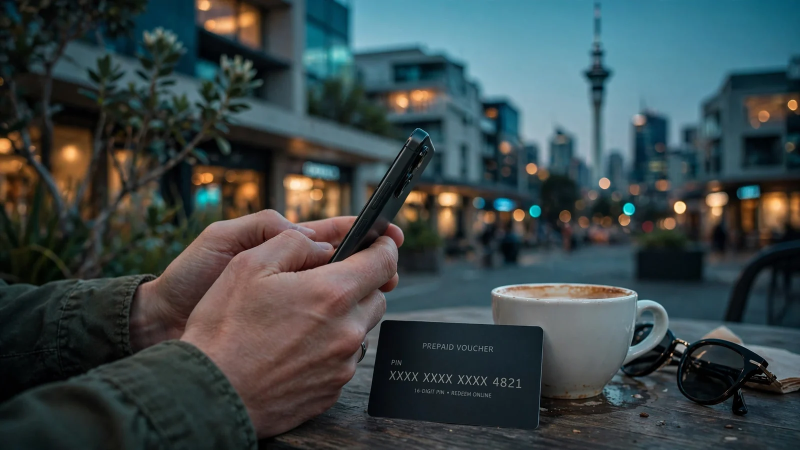 Hands with smartphone and prepaid voucher near coffee in New Zealand cityscape