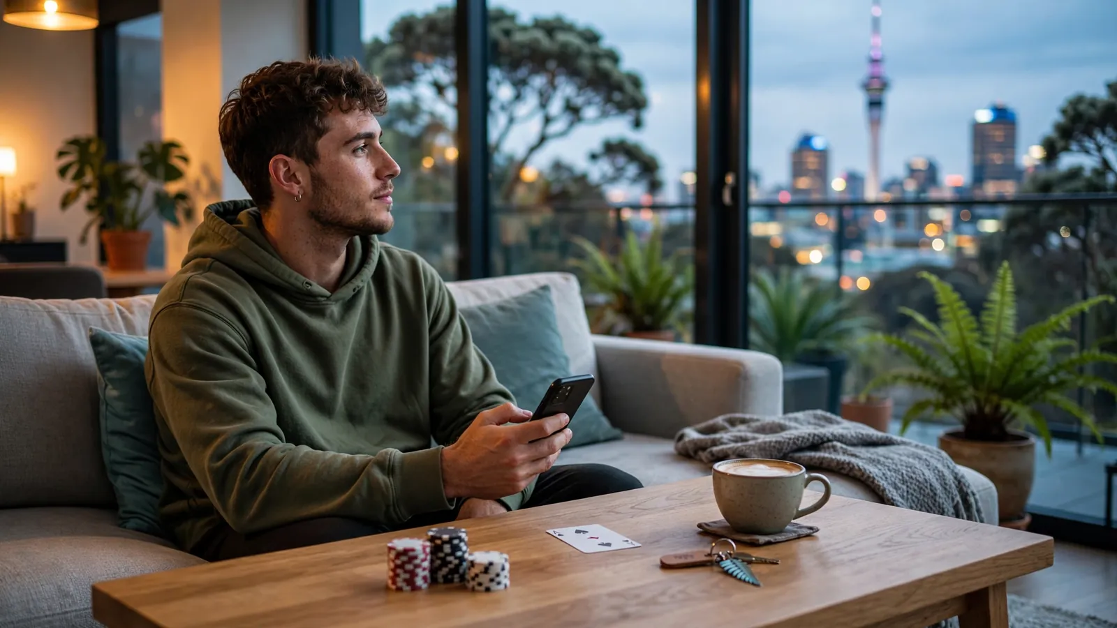 Player in Auckland apartment with smartphone, chips and cards on table, city skyline at dusk.