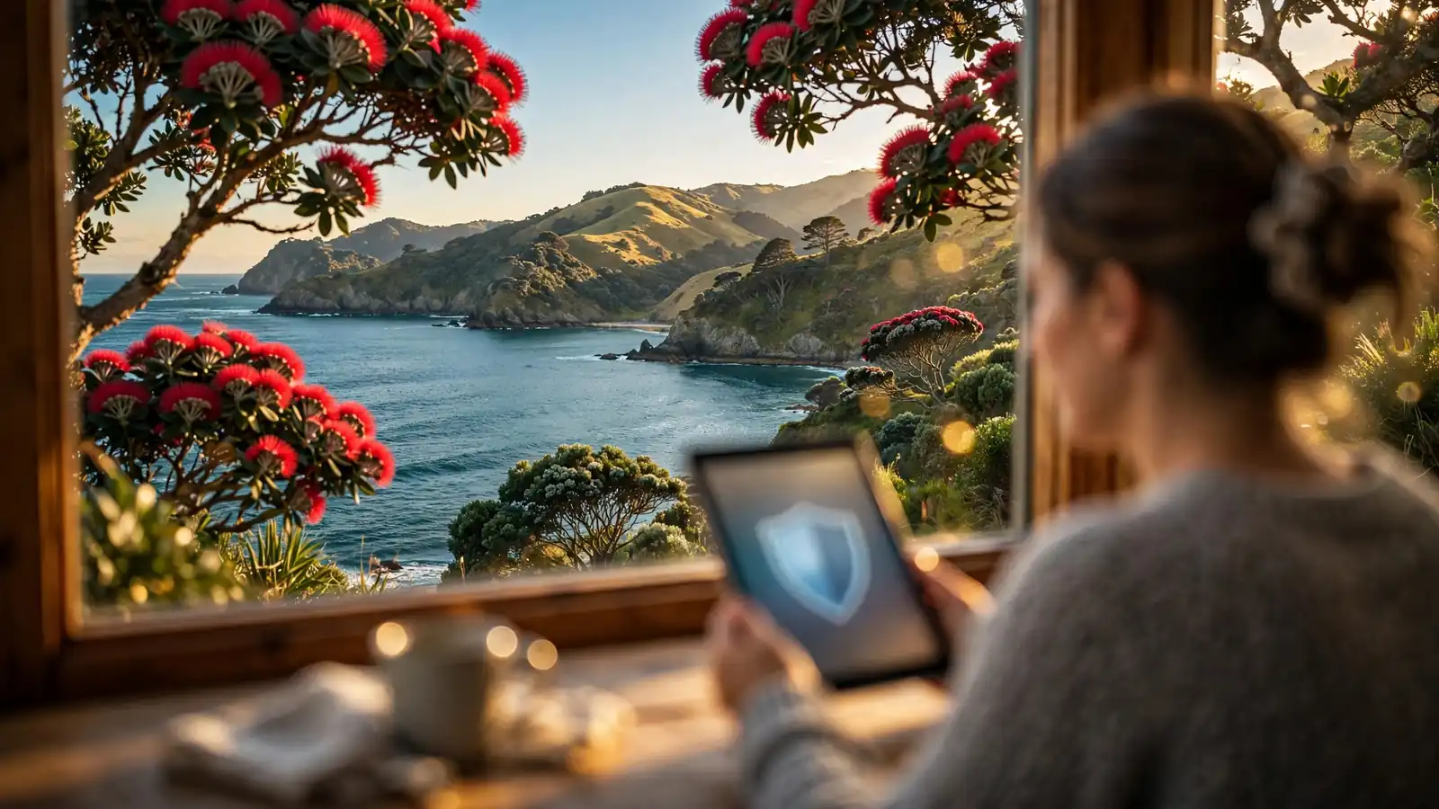 Person at window with tablet overlooking New Zealand coast, glowing shield icon