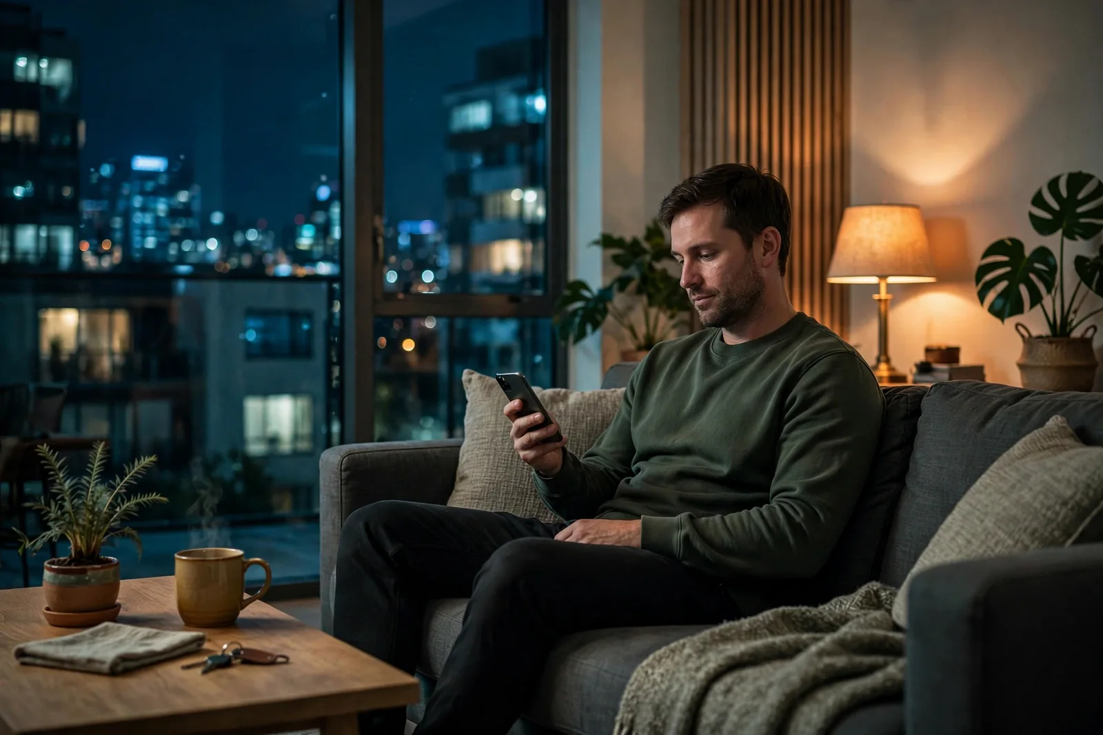 Person holding a phone in a modern New Zealand apartment at night.