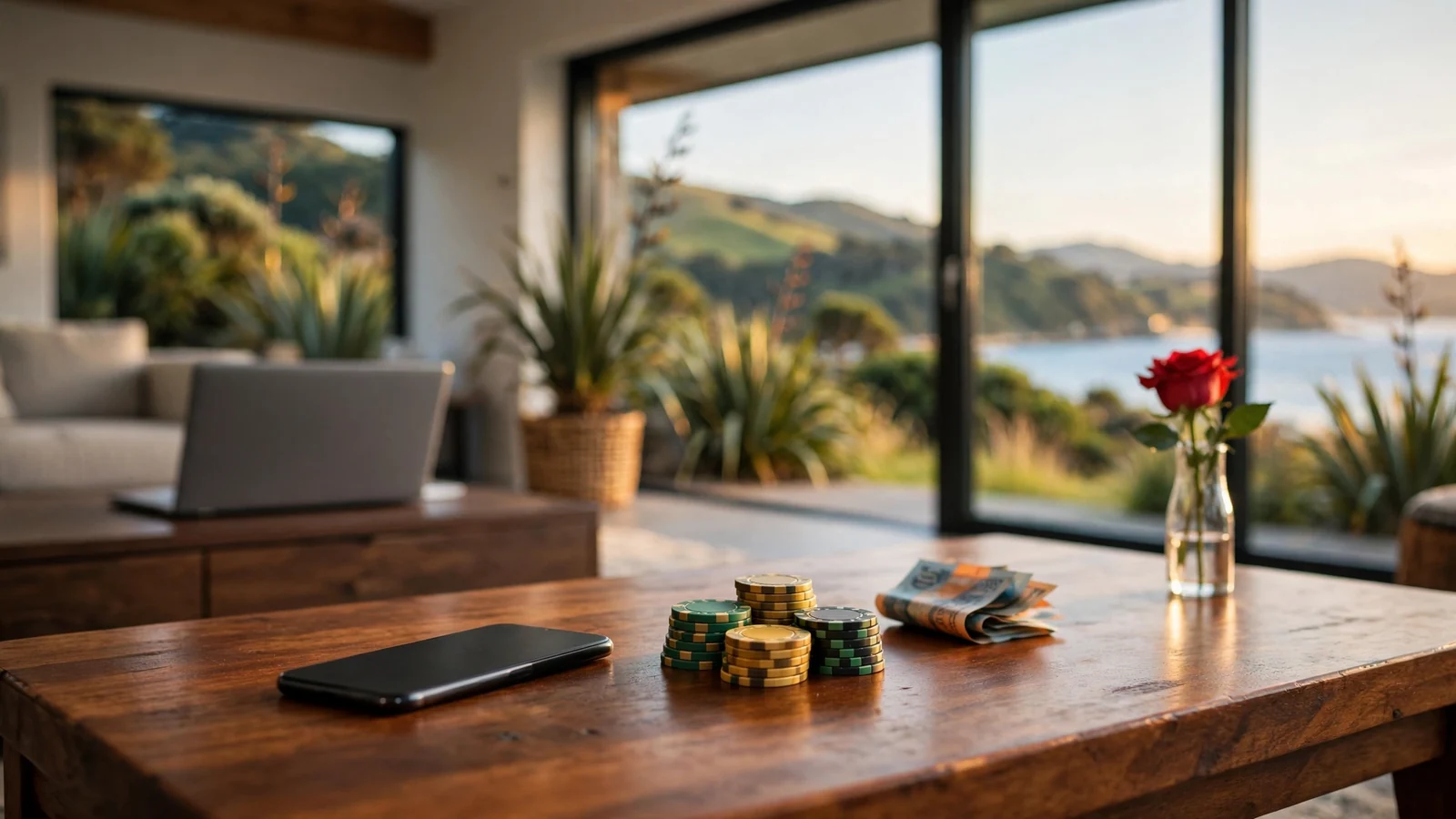 Casino chips and New Zealand dollars on a table with a scenic Kiwi landscape view