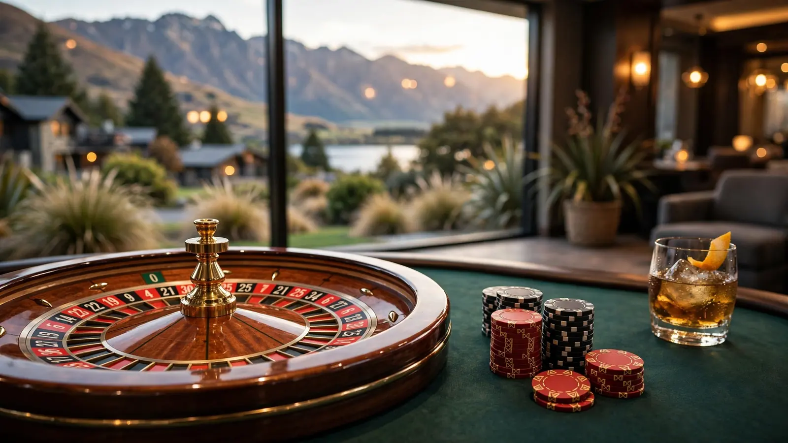 European roulette wheel on a casino table with chips, New Zealand setting.