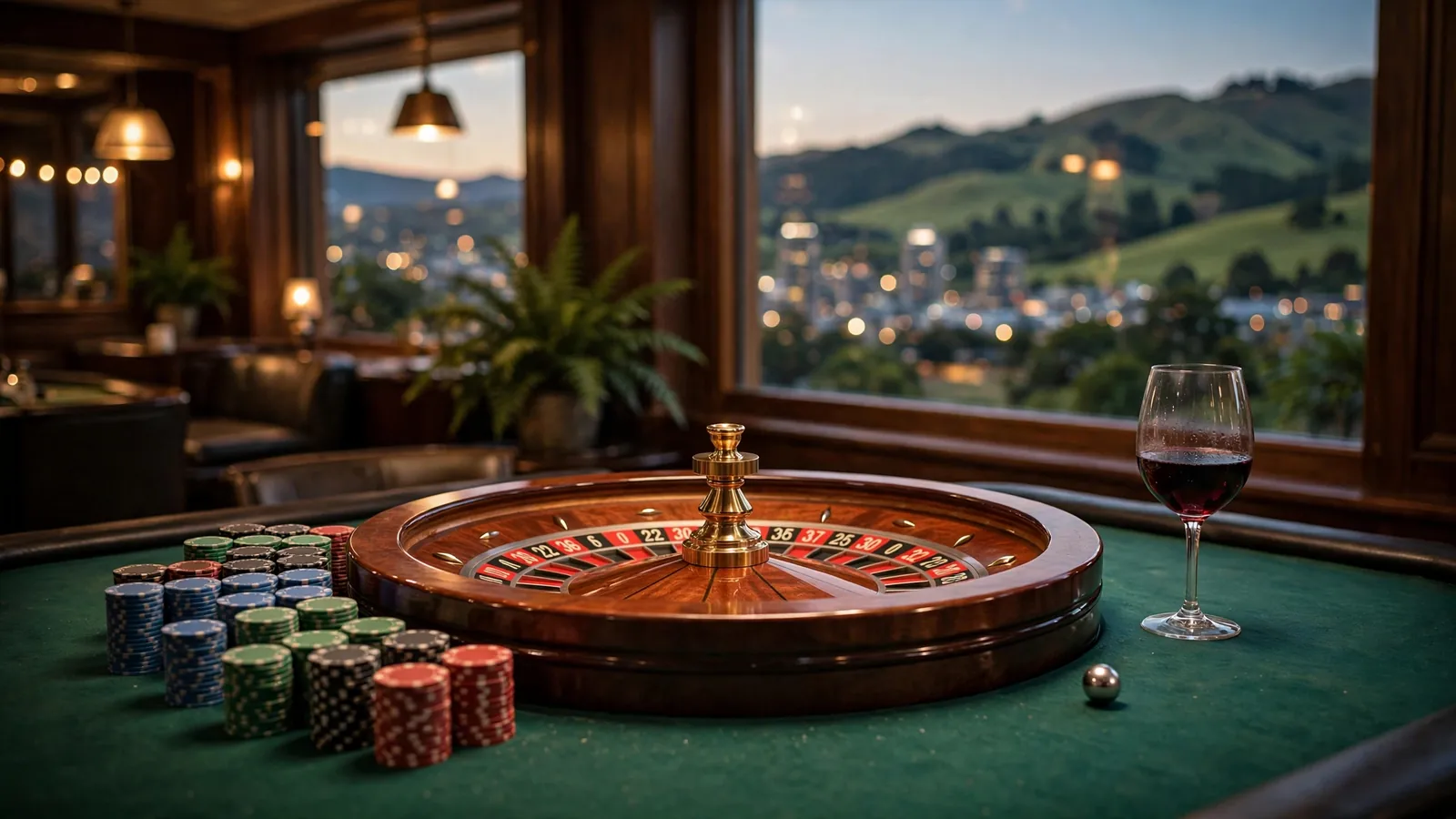 Roulette wheel on green felt table with stacked chips in a casino