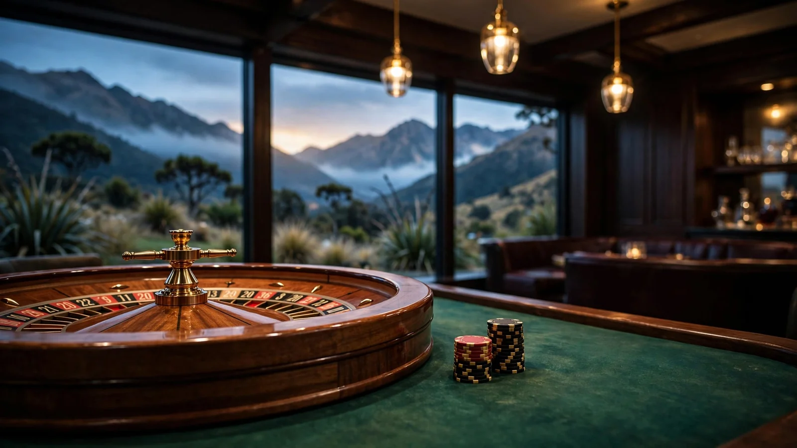 Roulette wheel with chips on a casino table, New Zealand mountains visible through window
