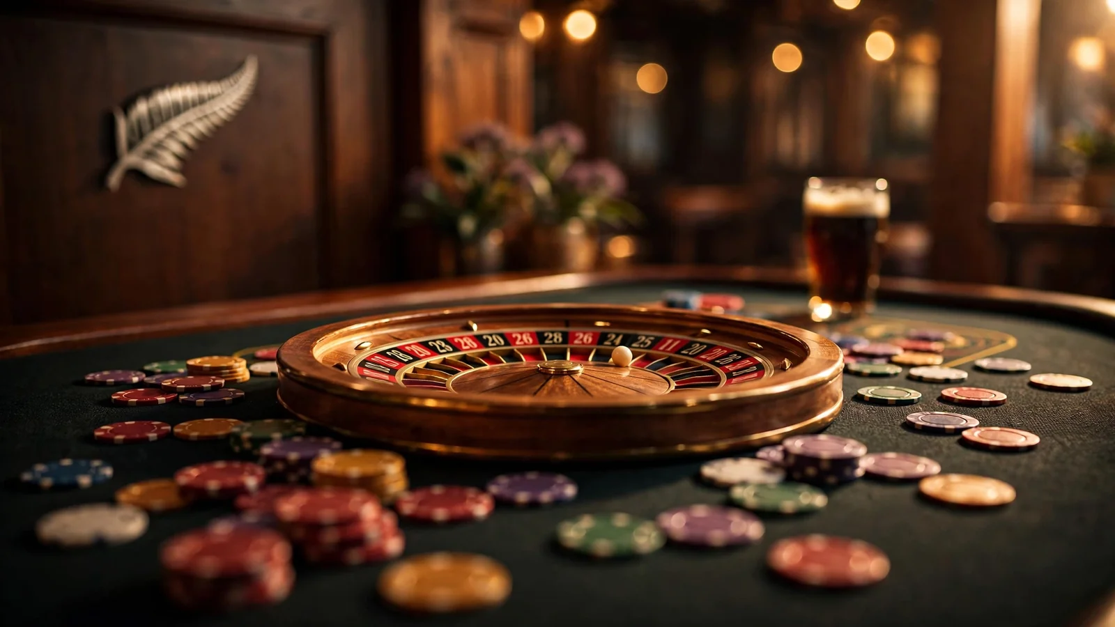 Roulette wheel with betting chips on a casino table