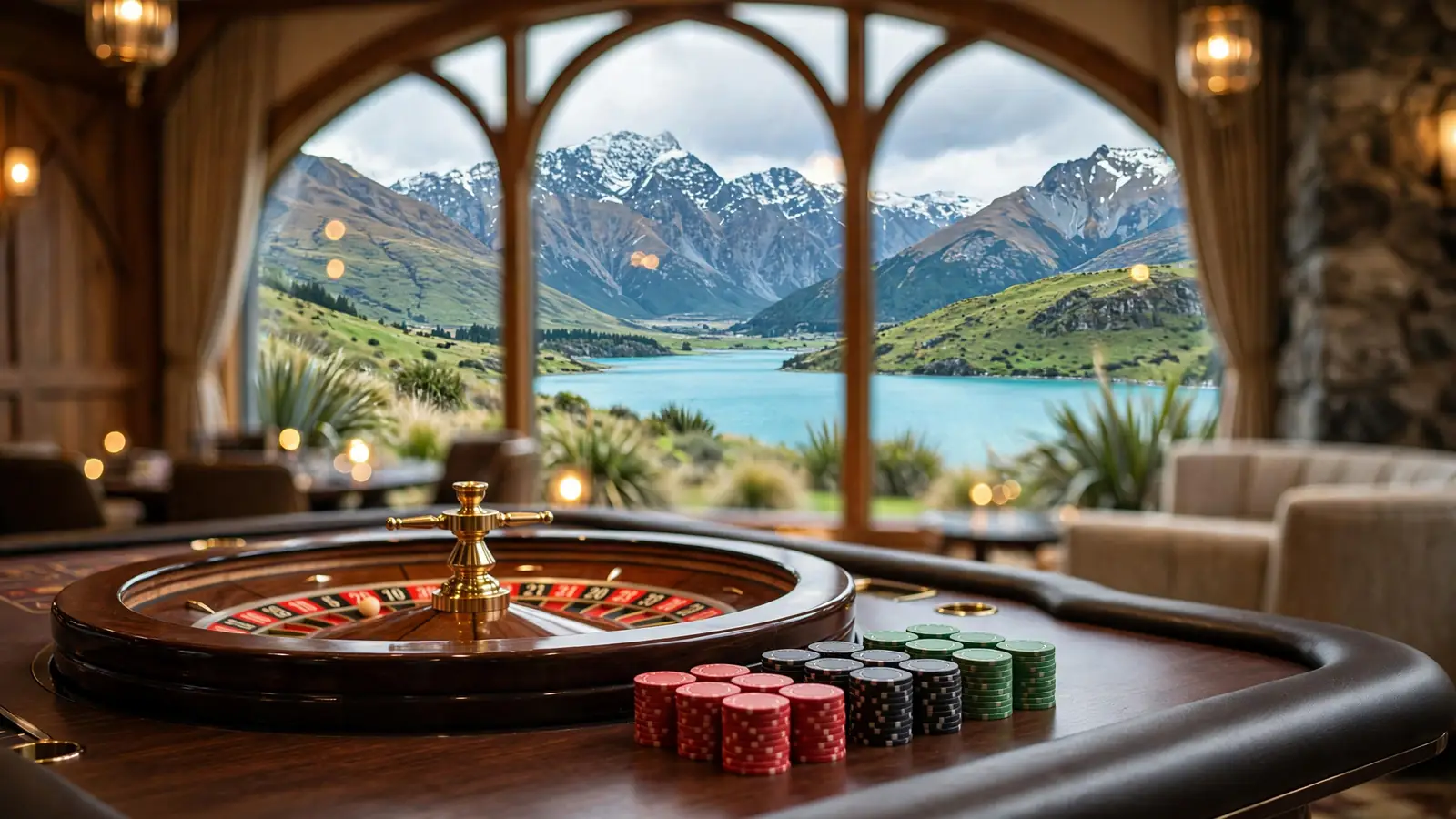 Casino roulette table with chips, mountains and lake of New Zealand through a window