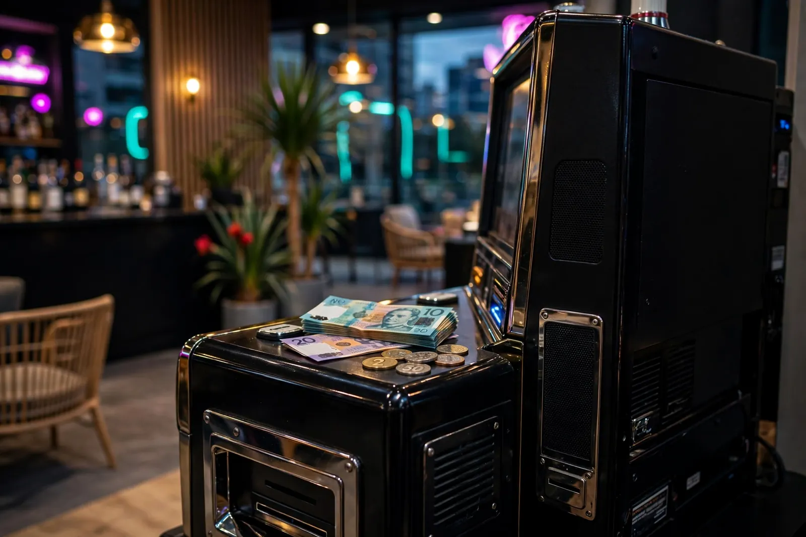Slot machine in a New Zealand gaming lounge with NZ dollars on top.