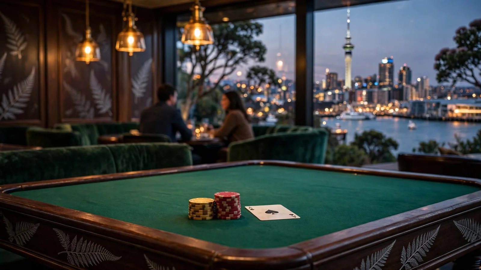 Stylish New Zealand casino lounge with chips, playing card, and Auckland skyline at dusk.