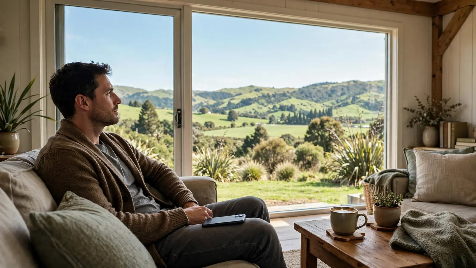 Person on sofa in New Zealand home with phone face-down, looking out at green hills.