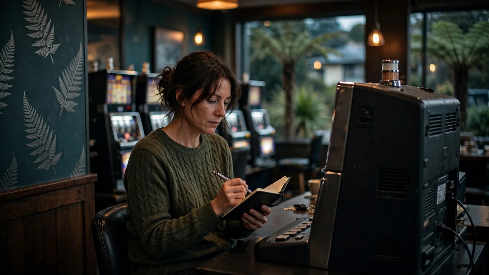 Thoughtful player pausing with a notebook at a slot machine in a New Zealand lounge.