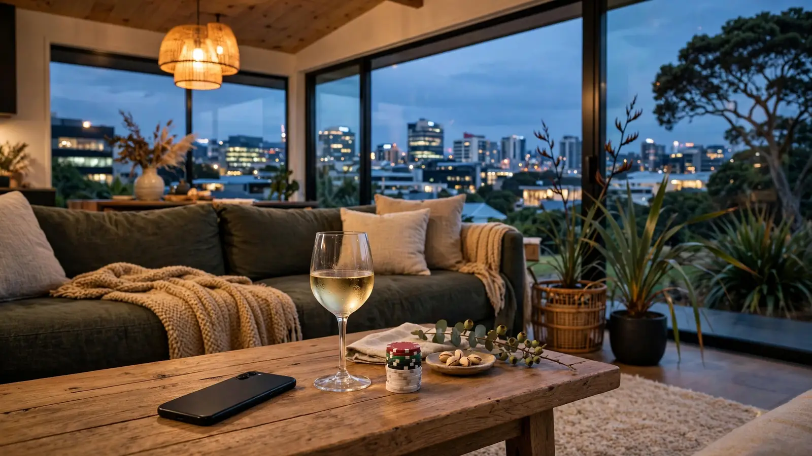 Smartphone face-down on a New Zealand lounge table with casino chips and wine glass at dusk
