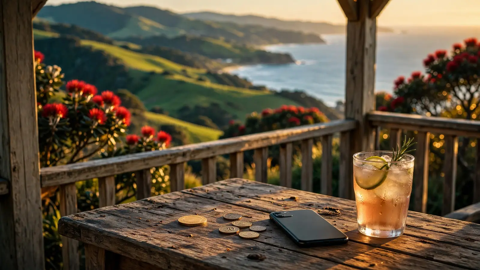 Casino chip and coins on a veranda overlooking New Zealand coast at sunset
