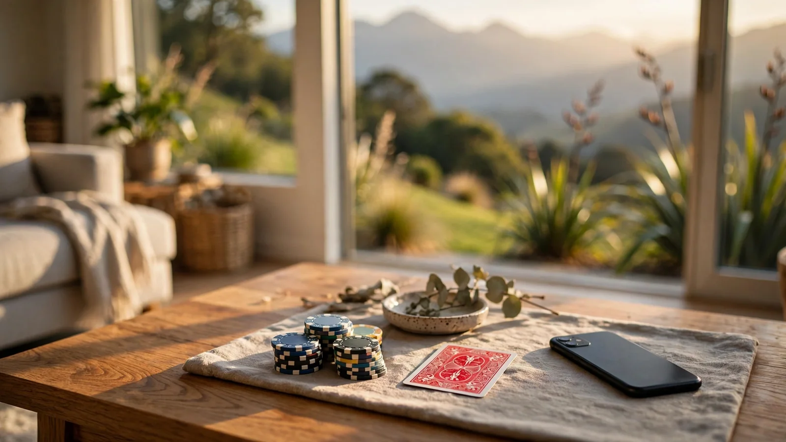 Casino chips and a face-down smartphone on a coffee table with a New Zealand countryside view through the window