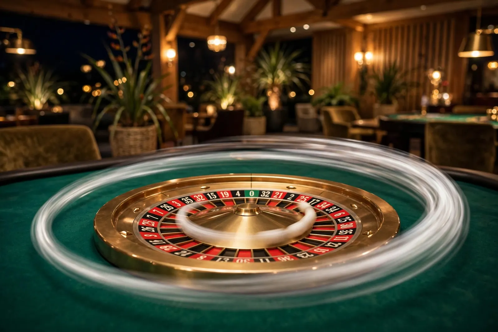 Roulette wheel on casino table in New Zealand with motion blur of spinning ball