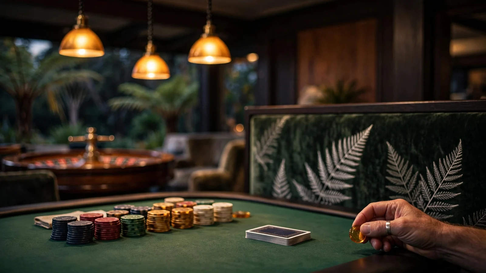 Elegant New Zealand casino table with stacked chips and roulette wheel in warm evening light